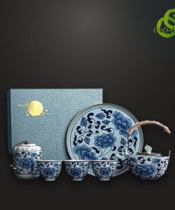 Service à thé porcelaine bleu et blanc motif lotus traditionnel