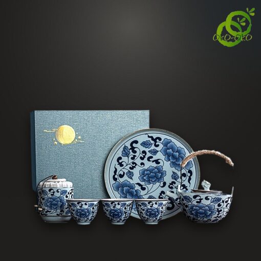 Service à thé porcelaine bleu et blanc motif lotus traditionnel