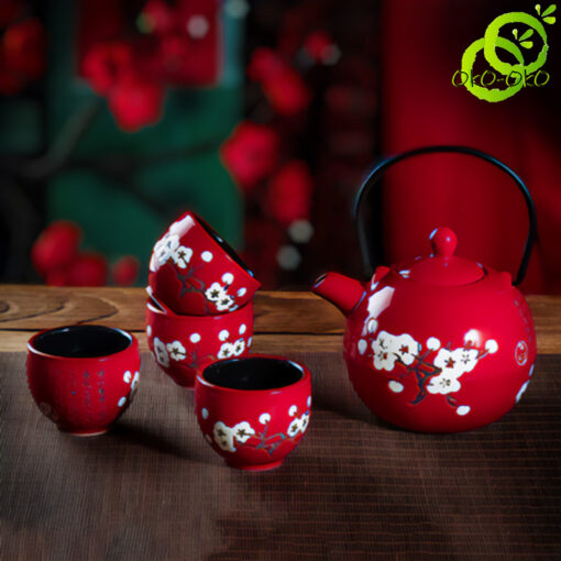 Cheap Chinese ceramic tea set with white cherry leaves | oko-oko