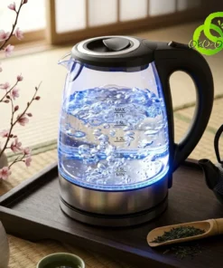 OkO-OkO | Aroma, Thé, Bijoux, Déco, Beauté, Utile | OkO-OKO™ Bouilloire electrique verre lumineuse avec éclairage bleu et eau bouillante sur un plateau en bois sombre style zen
