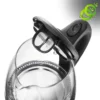 Gros plan sur le filtre amovible et le couvercle noir de cette bouilloire electrique verre lumineuse avec vue plongeante