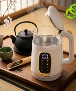 OkO-OkO | Aroma, Thé, Bijoux, Déco, Beauté, Utile | OkO-OKO™ Bouilloire thermostat ecran tactile blanche en verre borosilicate avec vapeur et affichage numérique 100°C sur plateau bois