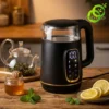 Gros plan d'une bouilloire thermostat ecran tactile noire affichant 100 degrés entourée de citron et menthe fraîche