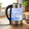Bouilloire verre temperature reglable avec éclairage bleu et eau bouillante dans un corps en acier inoxydable et verre