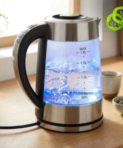 OkO-OkO | Aroma, Thé, Bijoux, Déco, Beauté, Utile | OkO-OKO™ Bouilloire verre temperature reglable avec éclairage bleu et eau bouillante dans un corps en acier inoxydable et verre
