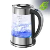 Vue de face d'une bouilloire verre temperature reglable avec indicateur de niveau d'eau bleu et corps en acier inoxydable