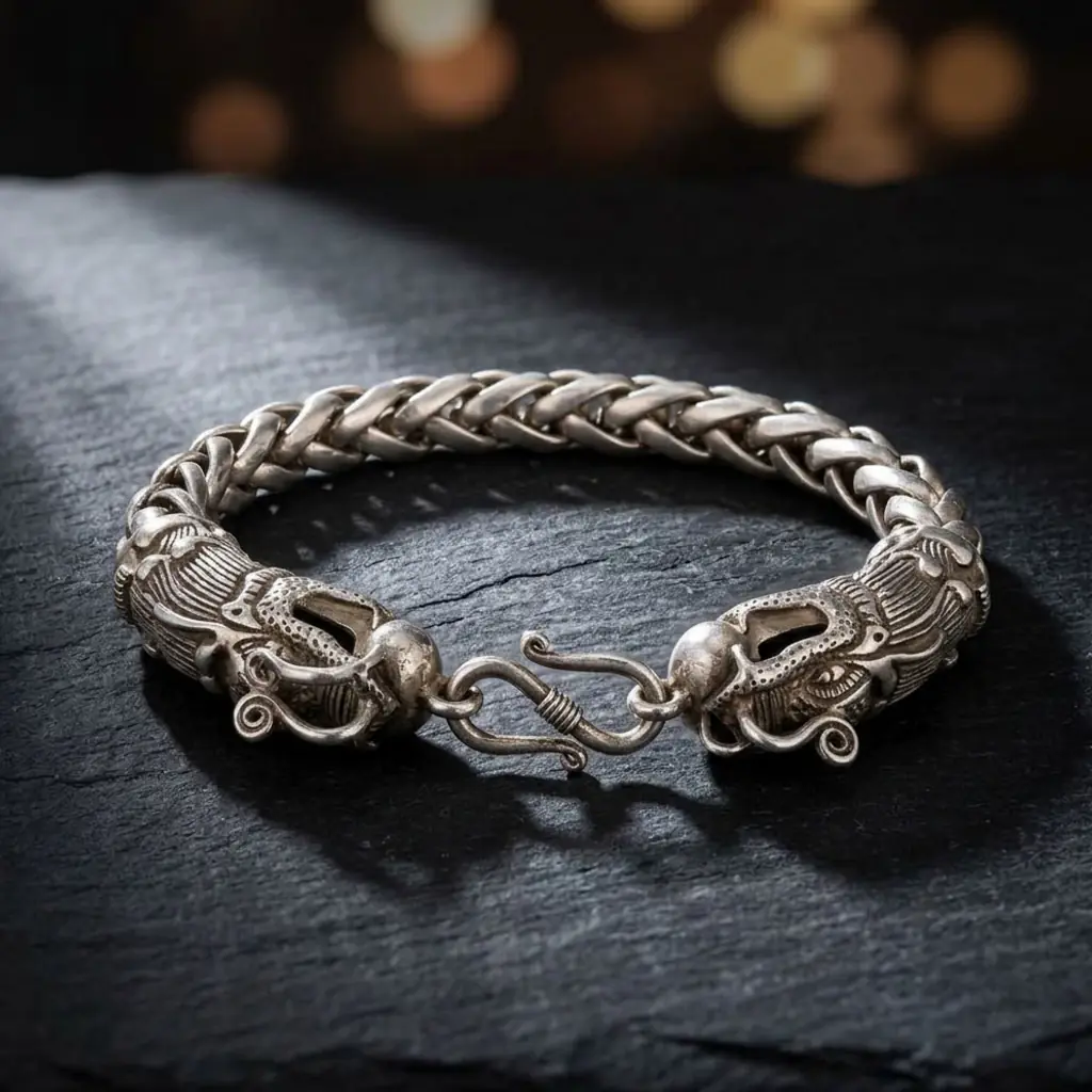 Bracelet dragon en argent tibétain | OkO-OKO™ Gros plan sur le fermoir crochet d'un bracelet dragon en argent tibétain au design tressé posé sur roche noire sombre