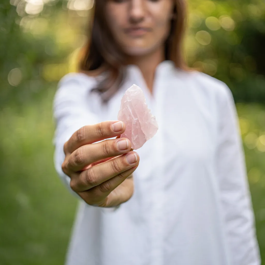 Offrir un bijou spirituel : guide complet des occasions | OkO-OKO™ Main tenant un quartz rose avec douceur