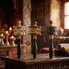 Three golden moulin priere tibetain mantras with dark wooden handles resting on a carved antique table in a temple