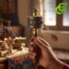 Hand holding a brass and wood moulin priere tibetain mantras with engraved symbols and a small metal chain pendant