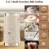Mousseur lait electrique chauffe beige présentant cinq modes de préparation pour boissons chaudes et froides avec écran LCD