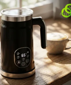 OkO-OkO | Aroma, Thé, Bijoux, Déco, Beauté, Utile | OkO-OKO™ Mousseur lait électrique chauffe noir avec écran digital affichant 65 degrés posé sur table en bois clair avec café moussé