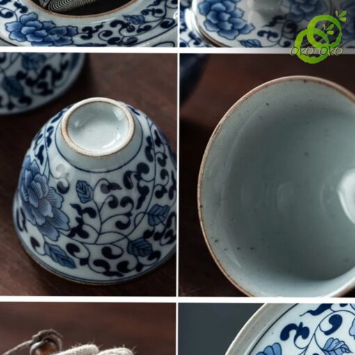 service the porcelaine bleu motif lotus traditionnel avec filtre métallique et couvercle décoré