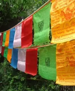 Drapeau banderole Tibetain accroché dans un jardin| OkO-OkO