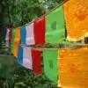 Bouddhisme <br> Drapeau banderole Tibétain. | OkO-OKO™ Drapeau banderole Tibetain accroché à un arbre | OkO-OkO
