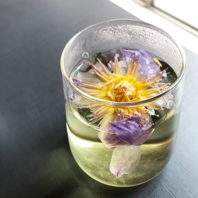 Thé et Infusion <br> Thé Fleur de Lotus (fleur entière). | OkO-OKO™ Thé Fleur de Lotus dans un verre à thé | OkO-OkO