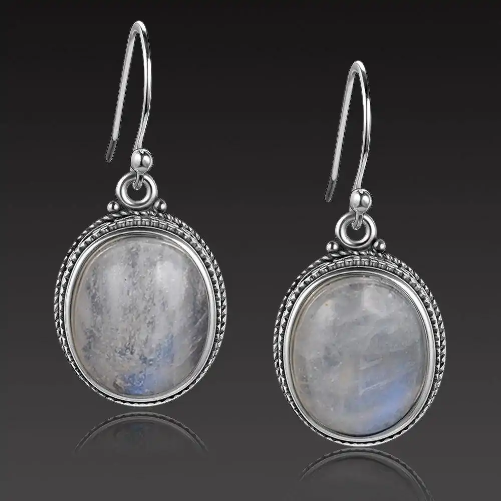 Bijou Lithothérapie <br> Boucles d'Oreilles pierre de lune. | OkO-OKO™ Boucle d'oreille pierre de lune de face | oko oko