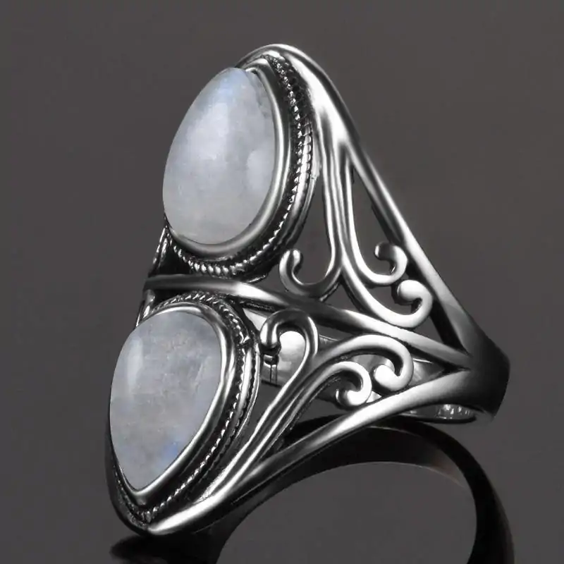 Bijou Lithothérapie <br> Bague Pierre de Lune argent. | OkO-OKO™ Bague Pierre de Lune double en argent de profile | OkO-OkO