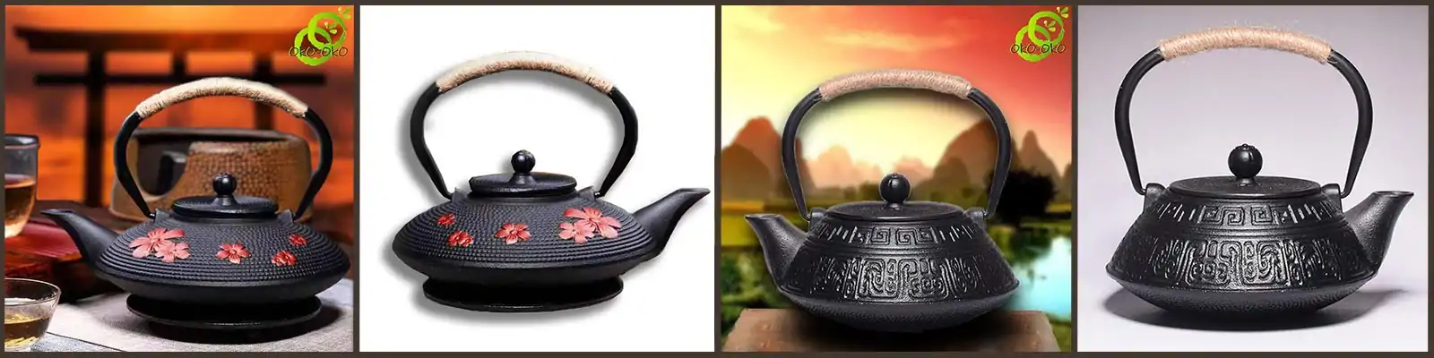 Teteras de hierro fundido. | OkO-OKO™ Tetera de hierro fundido con diseño floral y geométrico Tetsubine