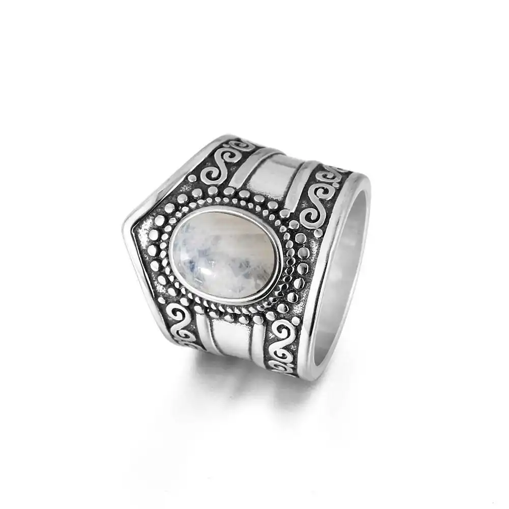 Bijou Lithothérapie <br> Bague Pierre de Lune Boho. | OkO-OKO™ Bague Pierre de Lune Boho de coté sur fond blanc | oko oko