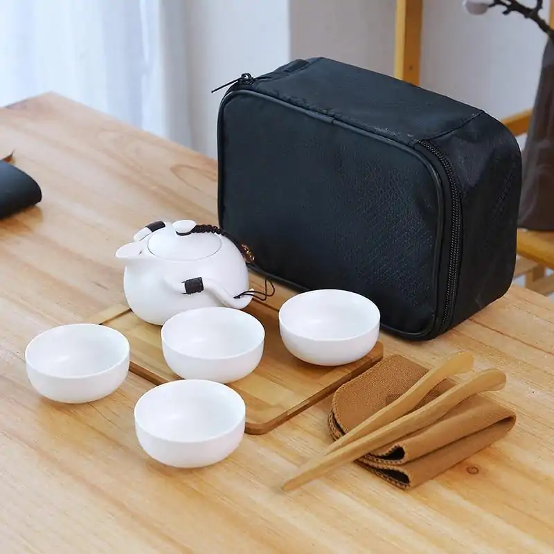 Travel Tea Set (6 variants). | OkO-OKO™ White Travel Tea Set 4 bowls +1 teapot + tray and carrying bag | OkO-OkO