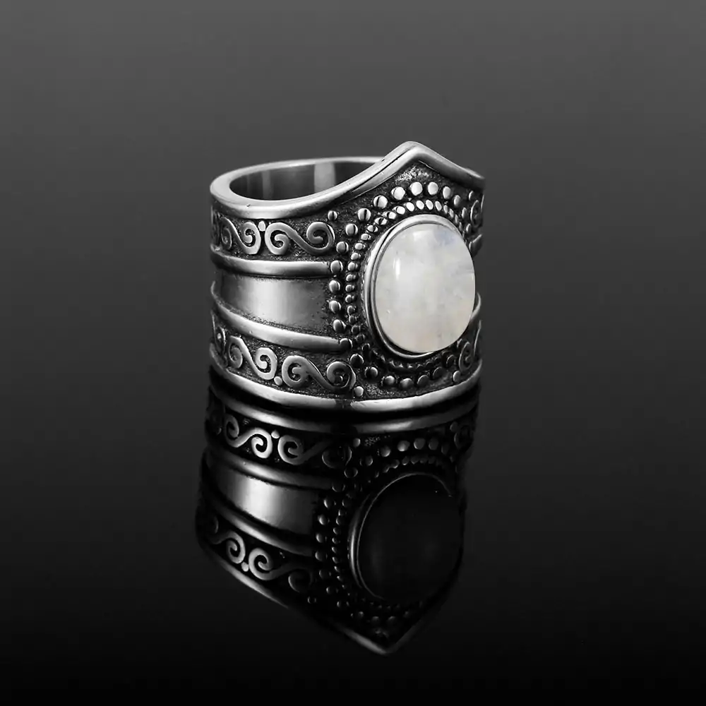 Bijou Lithothérapie <br> Bague Pierre de Lune Boho. | OkO-OKO™ Bague argent Pierre de Lune Boho de face | oko oko