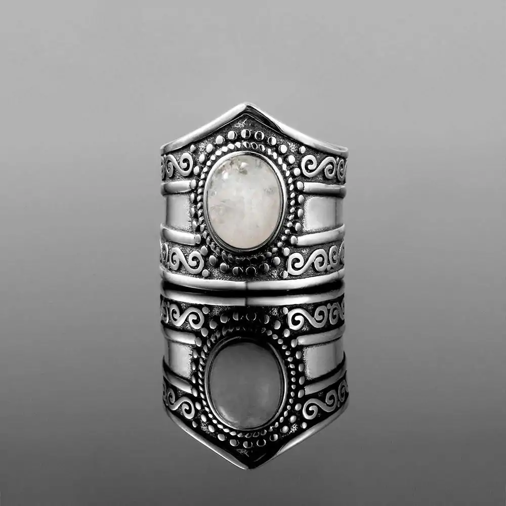 Bijou Lithothérapie <br> Bague Pierre de Lune Boho. | OkO-OKO™ Bague Pierre de Lune Boho de face | oko oko