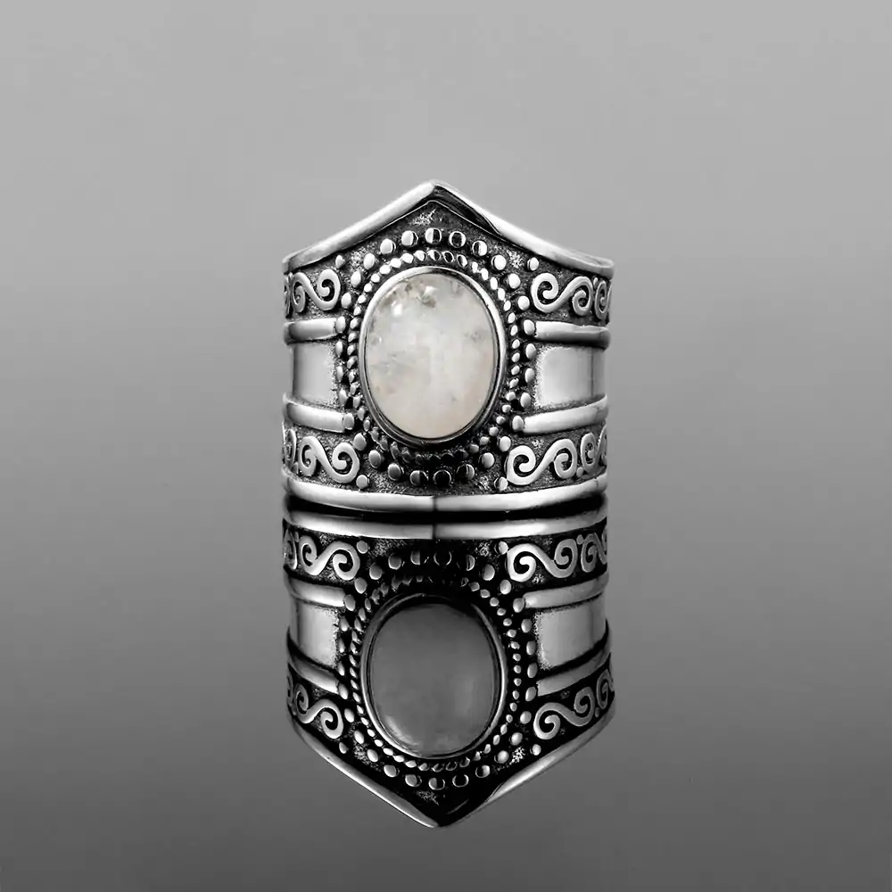 Bijou Lithothérapie <br> Bague Pierre de Lune Boho. | OkO-OKO™ Bague argent 925 Pierre de Lune Boho de face | oko oko