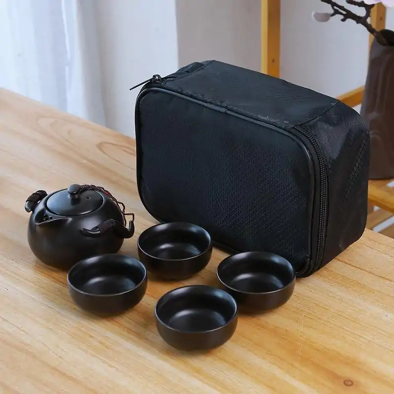 Travel Tea Set (6 variants). | OkO-OKO™ Black Travel Tea Set 4 bowls +1 teapot and carrying bag | OkO-OkO
