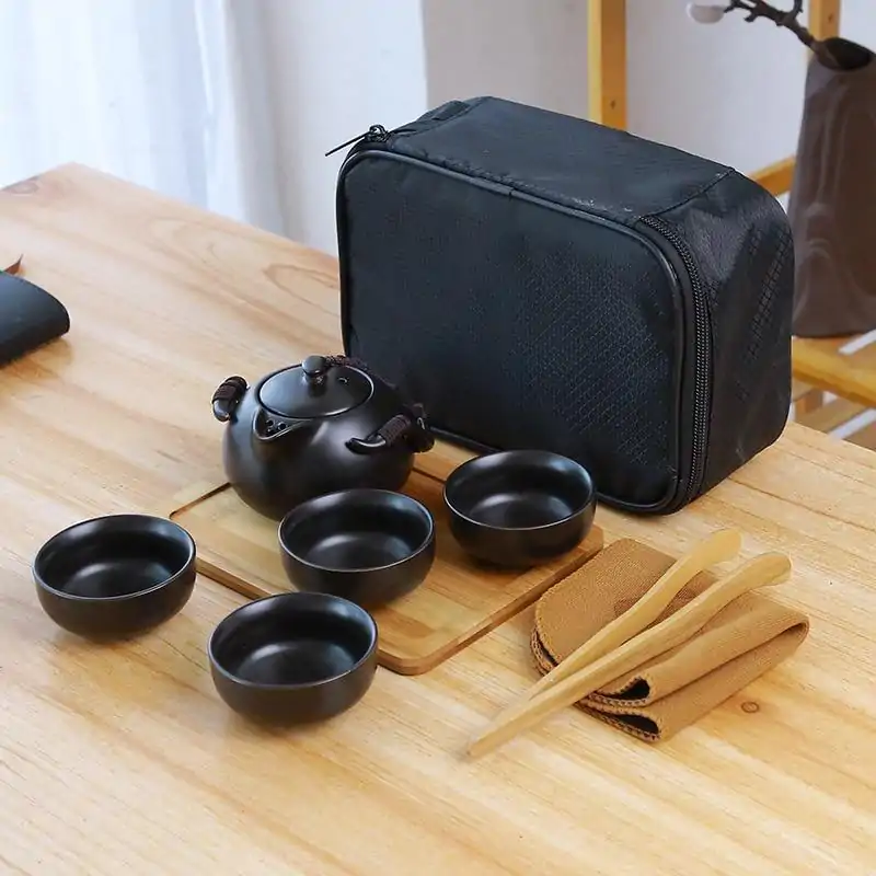 Travel Tea Set (6 variants). | OkO-OKO™ Black Travel Tea Set 4 bowls +1 teapot + tray and carrying bag | OkO-OkO