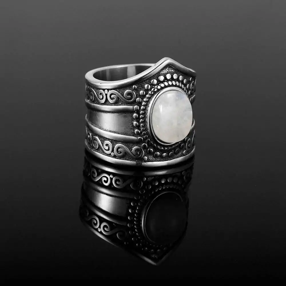 Bijou Lithothérapie <br> Bague Pierre de Lune Boho. | OkO-OKO™ Bague Pierre de Lune Boho vue de 3/4 | oko oko