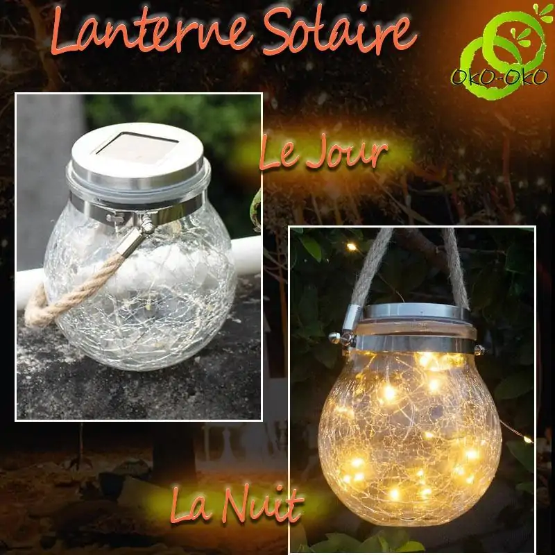 Décoration lumineuse <br> Lanterne solaire extérieur à suspendre | OkO-OKO™ Lanterne Solaire Extérieur à Suspendre vu de jour et de nuit | OkO-OkO