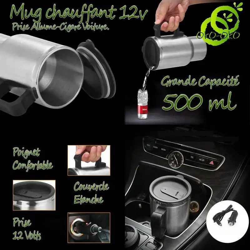 Thermos <br> Mug chauffant allume cigare. | OkO-OKO™ Mug Chauffant Allume Cigare (12 volt) 500 ml pour voiture en inox | oko oko