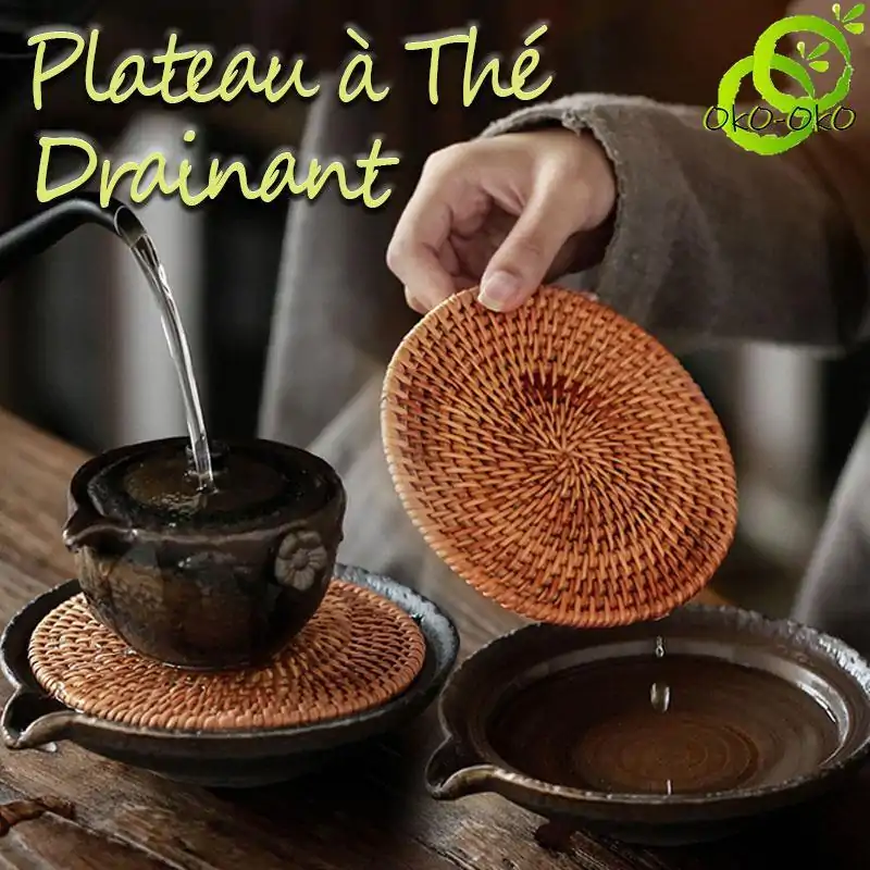 Plateau à thé <br> Drainant en céramique et rotin. | OkO-OKO™ Plateau à Thé Drainant en Céramique et Rotin | OkO-OkO