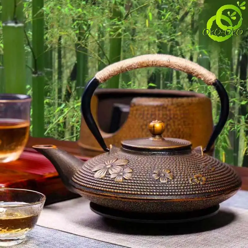 Théière en fonte Japonaise <br>Dorée Fleurie | OkO-OKO™ Théière en Fonte Japonaise Dorée pas cher | oko oko