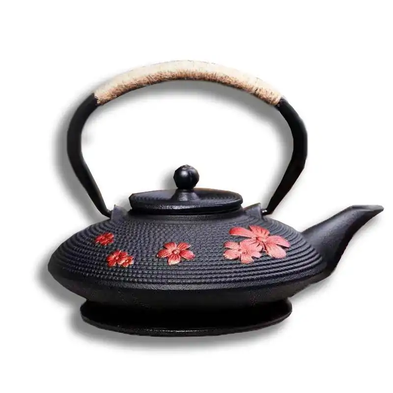 Japanese Cast Iron Teapot Red Flower | OkO-OKO™ Cast Iron Teapot Flower on white background | oko oko