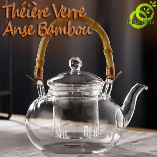Tetera de Vidrio Asa de Bambú | OkO-OKO™ Tetera de vidrio con mango de bambú y tapa de filtro separada | OkO-OkO™