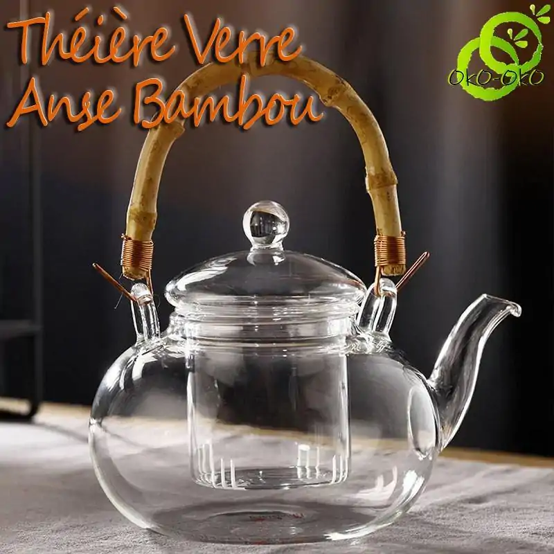 Théière Verre <br> Anse Bambou | OkO-OKO™ Théière Verre Anse Bambou avec couvercle séparé du filtre | OkO-OkO™