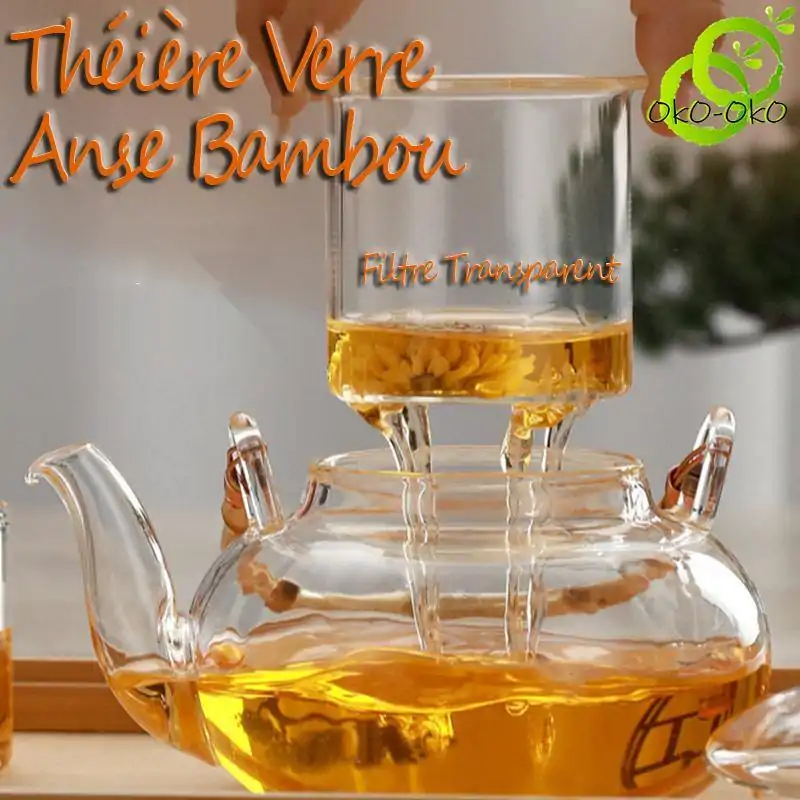 Théière Verre <br> Anse Bambou | OkO-OKO™ Théière Verre Anse Bambou avec en filtre en verre transparent | OkO-OkO™