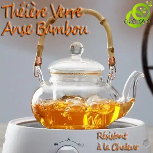 Tetera de Vidrio Asa de Bambú | OkO-OKO™ Tetera de vidrio con mango de bambú para usar en la placa de cerámica| OkO-OkO™.