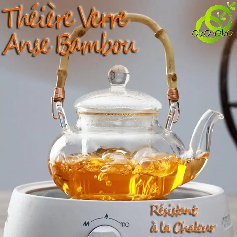 Théière Verre <br> Anse Bambou | OkO-OKO™ Théière Verre Anse Bambou utilisation sur plaque vitro céramique| OkO-OkO™
