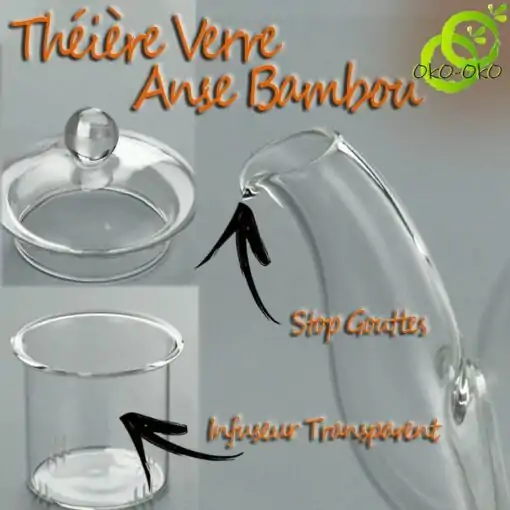 Tetera de Vidrio Asa de Bambú | OkO-OKO™ Detalles de la tetera de vidrio con mango de bambú | OkO-OkO™