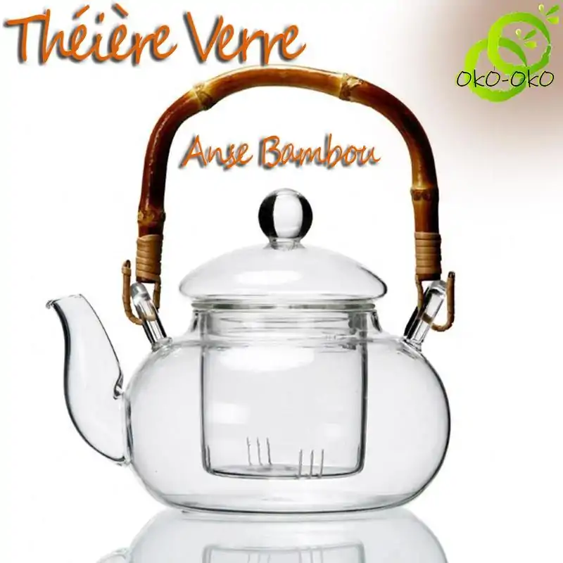 Théière Verre <br> Anse Bambou | OkO-OKO™ Théière Verre Anse Bambou sur fond blanc | OkO-OkO™