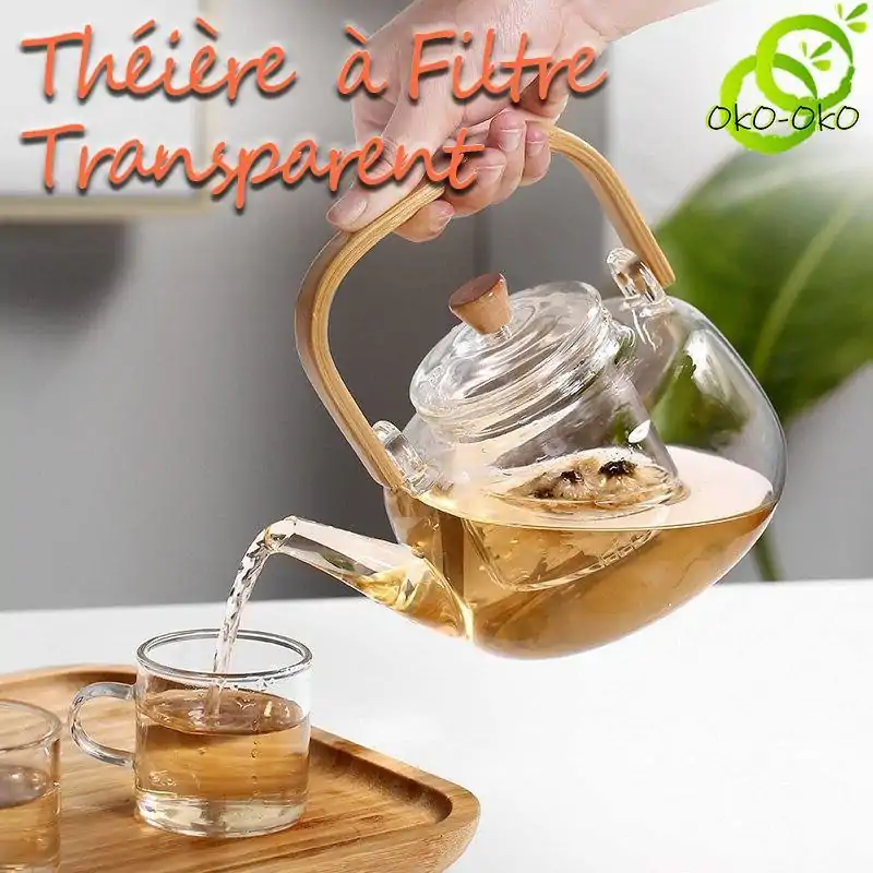 Théières en Verre <br> Avec filtre Transparent. | OkO-OKO™ Théière en Verre avec Filtre Transparent et poigné en bambou | OkO-OkO