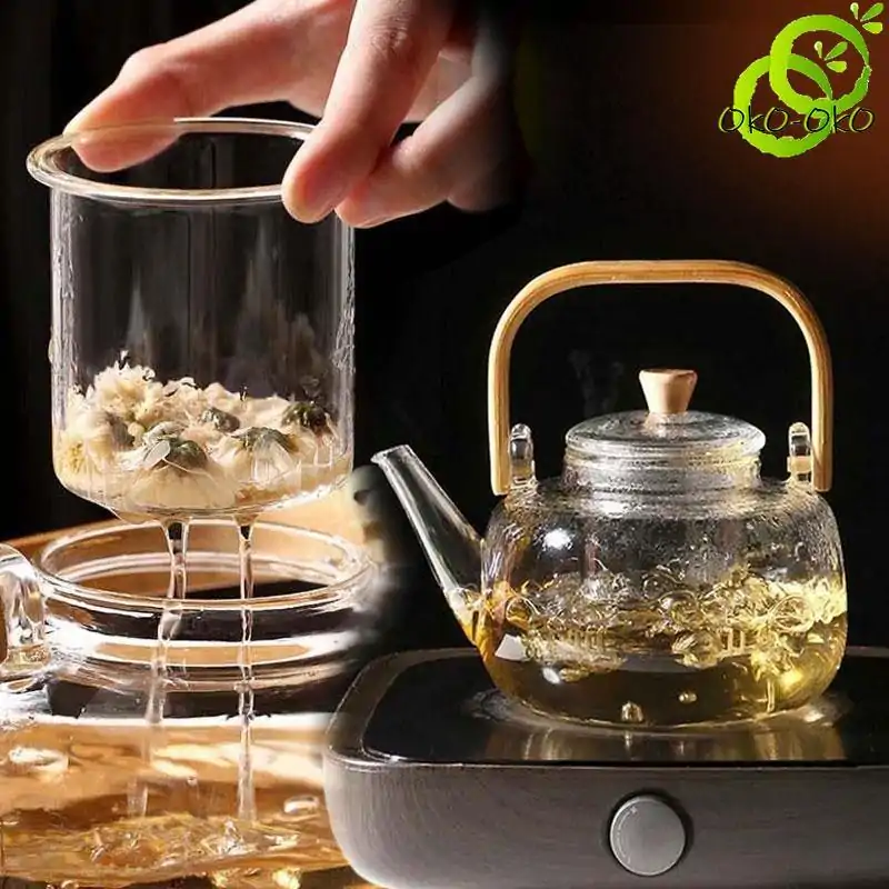 Théières en Verre <br> Avec filtre Transparent. | OkO-OKO™ Théière en Verre avec Filtre Transparent tenu dans la main | OkO-OkO