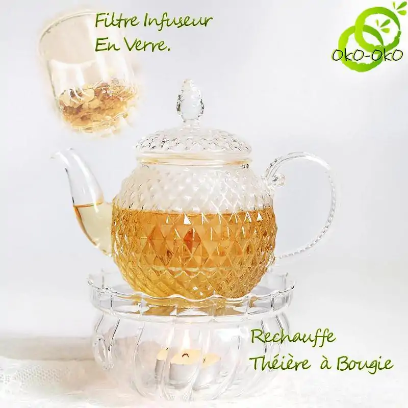 Théières en Verre <br> Avec Chauffe Plat (à bougie). | OkO-OKO™ Theiere en Verre avec infuseur en verre et Chauffe Plat | oko-oko