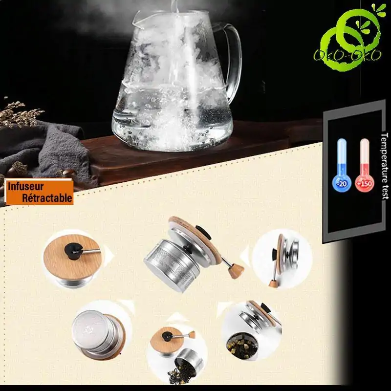 Théières en Verre <br> Avec Filtre Rétractable. | OkO-OKO™ Théière en Verre avec détail de l'infuseur retractable | OkO-OkO