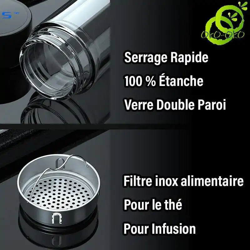 <br> Thermosfles Intelligent glas | OkO-OKO™ Slimme glazen thermosfles met roestvrij stalen filter | oko-oko