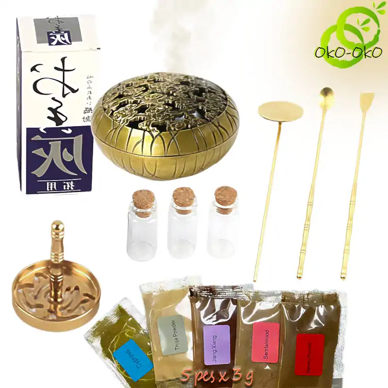 Incienso Molde de Cobre para Polvo de Incienso | OkO-OKO™ Molde de incienso Lotus y set de polvo blanco + quemador y utensilios | OkO-OkO