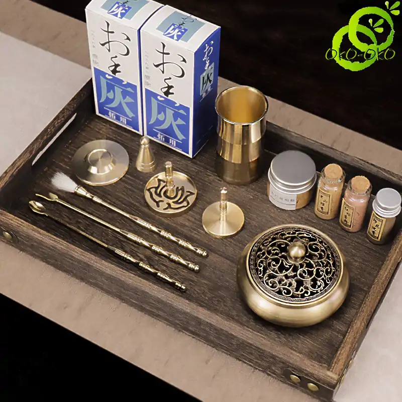 Incienso Molde de Cobre para Polvo de Incienso | OkO-OKO™ Zen Set Incienso cono y loto y polvo blanco + bandeja + quemador de bronce y utensilios de bronce de almacenamiento | OkO-OkO